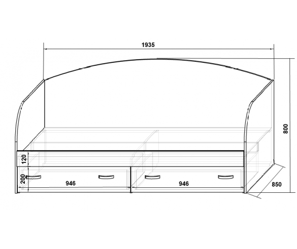 Кровать нижняя с двумя выдвижными ящиками - схема с размерами