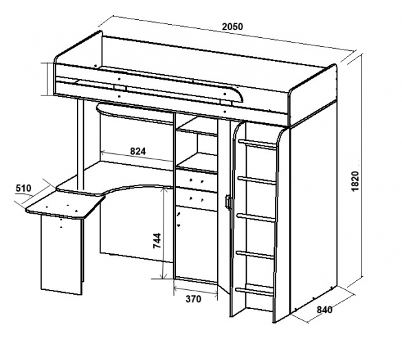 кровать чердак Фанки Кидз 1 Лайт схема с размерами