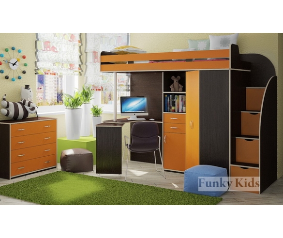 Кровать чердак Фанки Кидз 1 Гранд + комод 13/24ФМ корпус венге / фасд оранжевый
