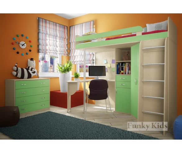 Кровать чердак Фанки кидз 1 лайт + комод 13/24ФМ корпус дуб кремона / фасад салатовый