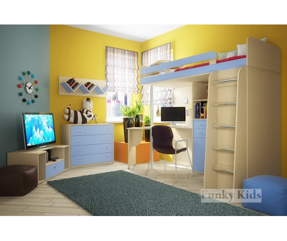Кровать чердак Фанки Кидз 1 Лайт + комод 13/24ФМ + подставка под ТВ 13/22ФМ корпус дуб кремона / фасад голубой