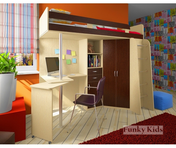 Кровать чердак Фанки Кидз -1 Лайт (корпус дуб кремона / фасад венге)