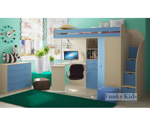 Кровать чердак Фанки Кидз 1 Гранд + комод 13/24ФМ корпус дуб кремона / фасад голубой