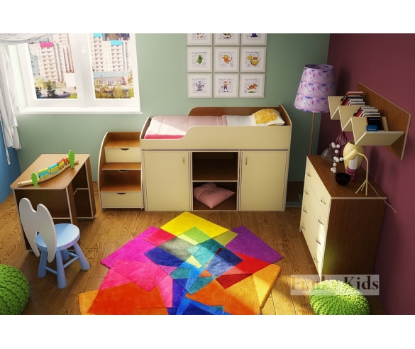 Кровать чердак Фанки Кидз 14 / 1 +  две секции с дверкой 14 / 2 ФМ + стол выдвижной 14 / 5 ФМ + секция с открытыми полками 14 / 3 ФМ + тумба лестница 13 / 25 ФМ + комод 13 / 21 ФМ + полка навесная 13 / 11 СВ корпус орех / фасад крем ваниль