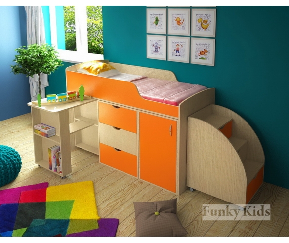 Кровать чердак Фанки Кидз 14 / 1 + секция с дверкой 14 / 2 ФМ + стол выдвижной 14 / 5 ФМ + секция с комодом 14 / 4 ФМ + тумба лестница 13 / 25 ФМ корпус дуб кремона / фасад оранжевый