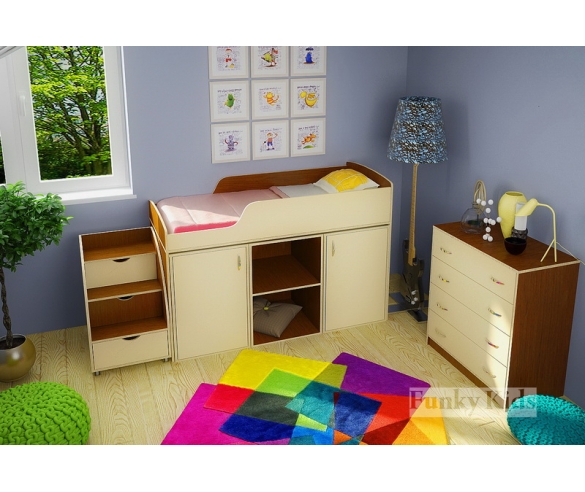 Кровать чердак Фанки Кидз 14 / 1 + две секции с дверкой 14 / 2 ФМ + секция с открытыми полками 14 / 3 ФМ + тумба лестница 13 / 25 ФМ + комод 13 / 24 ФМ корпус орех / фасад крем ваниль