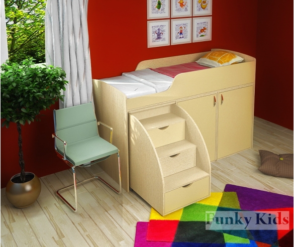 Кровать чердак Фанки Кидз 14 / 1 + две секции с дверкой 14 / 2 ФМ + тумба лестница 13 / 25 ФМ корпус дуб кремона / фасад крем ваниль