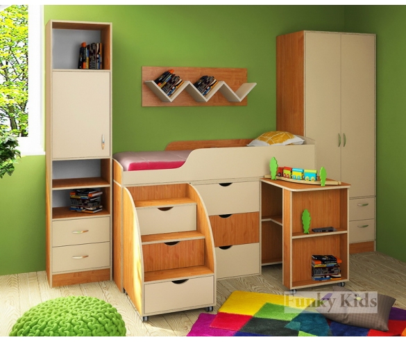 Кровать чердак Фанки Кидз 14 / 1 ФМ + стол выдвижной 14 / 5 ФМ + секция с комодом 14 / 4 ФМ + тумба - лестница 13 / 25 ФМ + полка навесная 13 / 11 СВ + шкаф двухдверный 13 / 20 ФМ + шкаф 1 секционный 13 / 21 ФМ корпус ольха / фасад крем ваниль