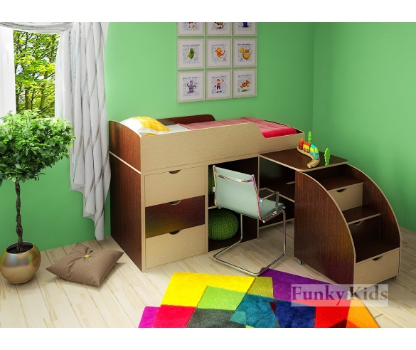 Кровать чердак Фанки Кидз 14 / 1 ФМ + секция с открытыми полками 14 / 3 ФМ + стол выдвижной 14 / 5 ФМ + секция с комодом 14 / 4 ФМ + тумба - лестница 13 / 25 ФМ корпус венге / фасад дуб кремона