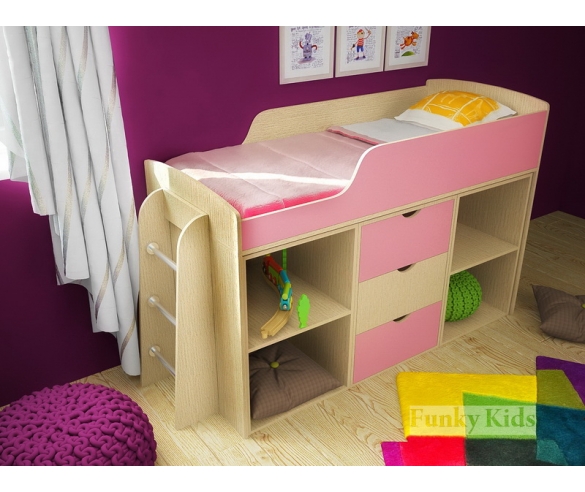 Кровать чердак Фанки Кидз 14 / 1 ФМ + секция с открытыми полками 14 / 3 ФМ + секция с комодом 14 / 4 ФМ + лестница с металлическими ступенями 13 / 26 ФМ корпус дуб кремона / фасад розовый