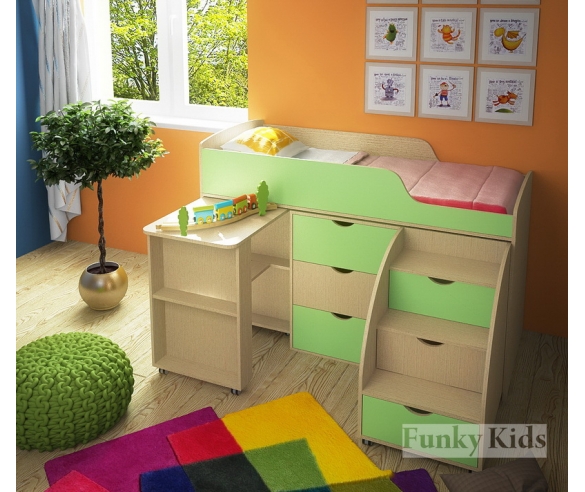 Кровать чердак Фанки Кидз 14 / 1 ФМ + стол выдвижной 14 / 5 ФМ + секция с комодом 14 / 4 ФМ + тумба - лестница 13 / 25 ФМ корпус дуб кремона / фасад салатовый