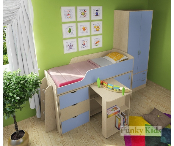 Кровать чердак Фанки Кидз 14 / 1 ФМ + секция с дверкой 14 / 2 ФМ + стол выдвижной 14 / 5 ФМ + секция с комодом 14 / 4 ФМ + лестница с металлическими ступенями 13 / 26 ФМ + шкаф двухдверный 13 / 20 ФМ корпус дуб кремона / фасад голубой