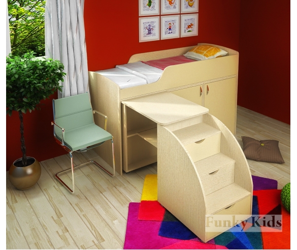 Кровать чердак Фанки Кидз 14 / 1 ФМ + две секции с дверкой 14 / 2 ФМ + тумба - лестница 13 / 25 ФМ корпус дуб кремона / фасад крем ваниль