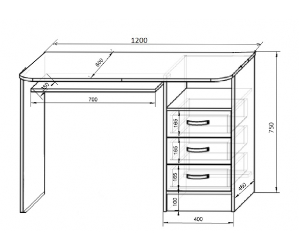 Схема и размеры письменного стола Фанки Кидз 13/1 