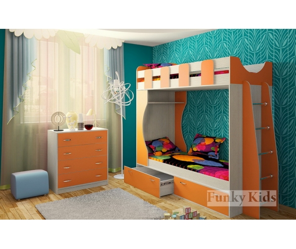 Кровать детская двухъярусная Фанки Кидз 5 + комод 13/5СВ корпус сосна лоредо / фасад оранжевый