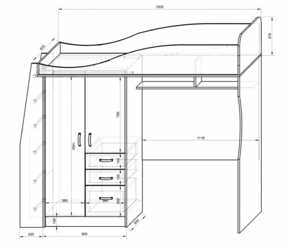 Кровать чердак Фанки Кидз –  4  / 1 схема с размерами