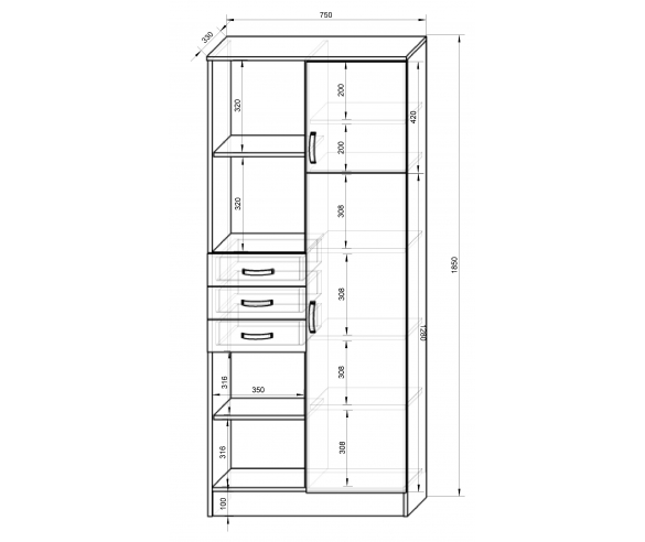 Модульная мебель  Фанки Кидз стеллаж 13 / 9  схема с размерами