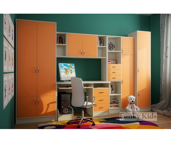 Модульная мебель Фанки Кидз шкаф двухдверный 13 / 2 СВ + стол письменный с надстройкой 13 / 14 СВ + шкаф однодверный 13 / 10 СВ + стеллаж 13 / 9 СВ корпус сосна лоредо / фасад оранжевый