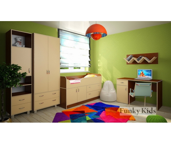 Модульная мебель Фанки Кидз шкаф 1 секционный 13 / 21 ФМ + шкаф двухдверный 13 / 20 ФМ + кровать чердак Фанки Кидз 9 + стол письменный 13 / 26 ФМ + полка навесная 13 / 11 СВ корпус орех / фасад ваниль