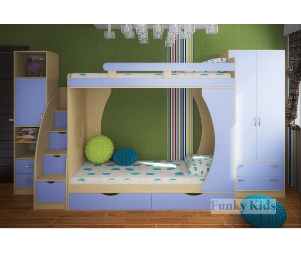 Двухъярусная кровать Фанки Кидз -2 корпус дуб кремона / фасад голубой+двухстворчатый шкаф+тумба лестница+пенал для книг