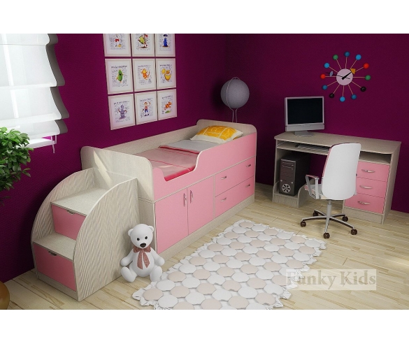 Кровать для девочек Фанки 9 цвет корпуса сосна лоредо фасад розовый фабрика азбука мебели