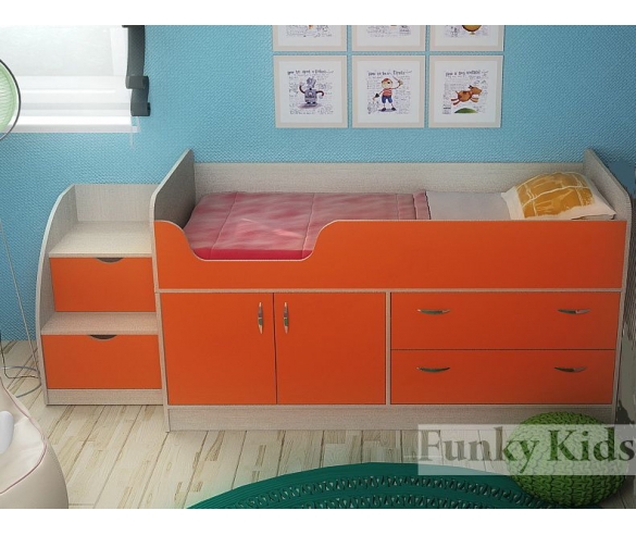 невысокая кровать для детей фанки 9 цвет корпуса сосна лоредо фасад оранжевый