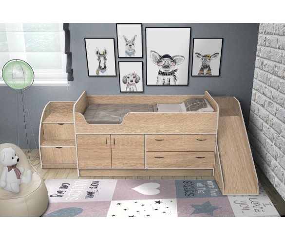 Низкий чердак Фанки Кидз 9 с лестницей и горкой цвет Бардолино