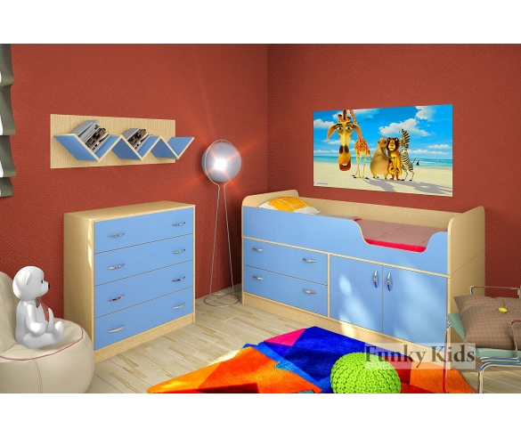 Детская кровать чердак низкая Фанки Кидз 9, корпус дуб кремона / фасад голубой