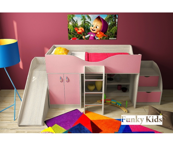 Детская кровать чердак Фанки Кидз -6, корпус сосна лоредо / корпус розовый