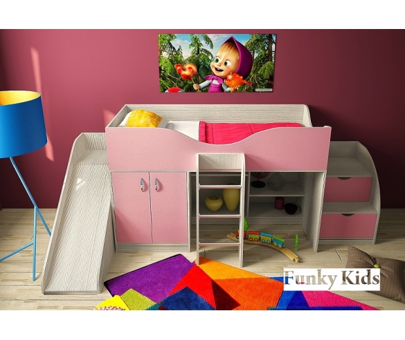 Детская кровать чердак Фанки Кидз -6, корпус сосна лоредо / корпус розовый