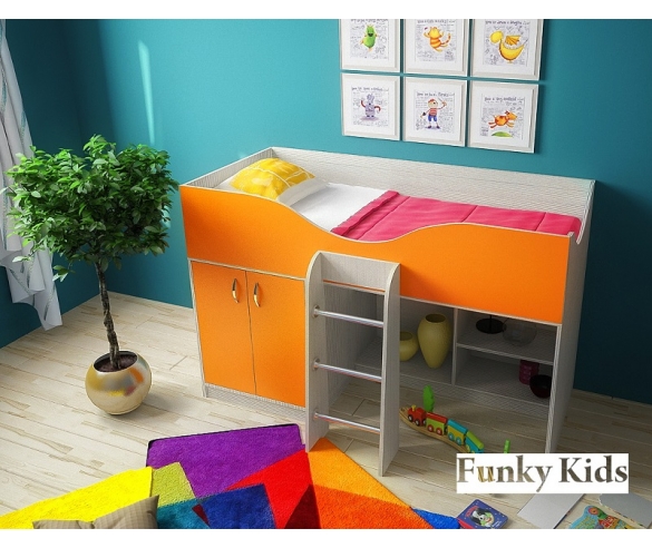 Кровать чердак низкая Фанки 6, корпус сосна лоредо / фасад оранж