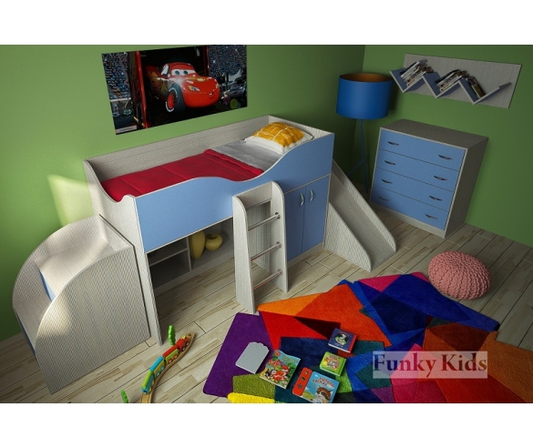 Детская невысокая кровать Фанки-6, корпус сосна лоредо / фасад голубой + горка 13 / 18 СВ + комод 13 / 5 СВ + полка 13 / 11 СВ