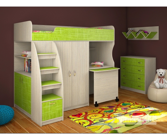 Кровать чердак детская Фанки Кидз 18, корпус сосна лоредо, фасад текстиль