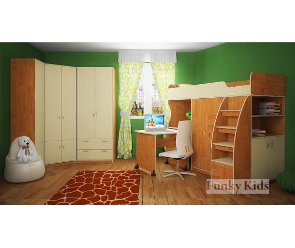 Детская кровать чердак Фанки 18, корпус ольха, фасад крем ваниль