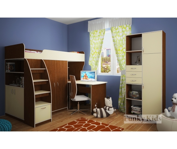 Детская кровать чердак Фанки 18, корпус орех, фасад крем ваниль