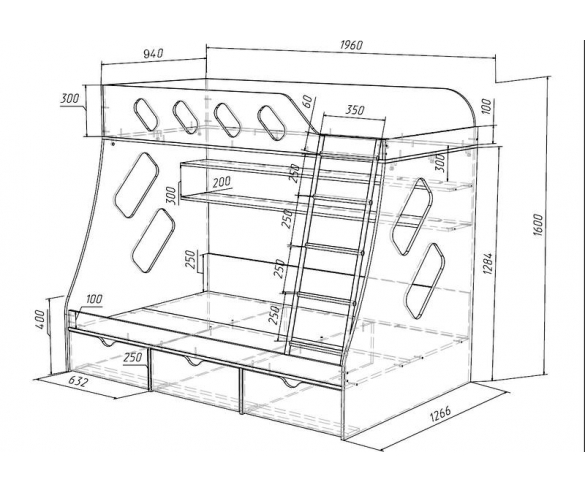 Двухярусная кровать Фанки Кидз 16 - схема с размерами