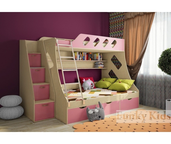 Детская кровать Фанки Кидз 16 с тумбой-лестницей, сосна лоредо / розовый 