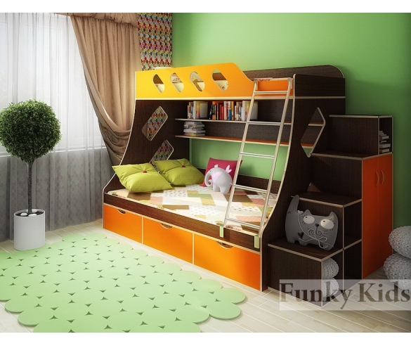 Кровать для двоих детей Фанки Кидз 16, корпус венге, фасад оранж