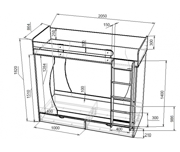 Кровать двухъярусная Фанки 2 - схема с размерами