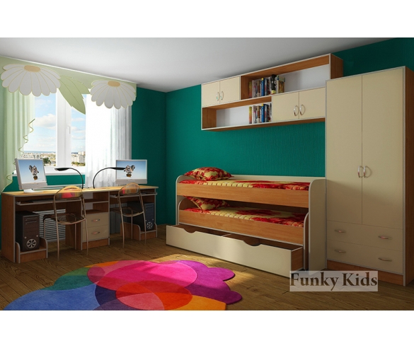 Двухэтажная кровать низкая Фанки 8 + стол для 2 детей 13/51СВ + мост 13/12СВ + шкаф 13/3СВ