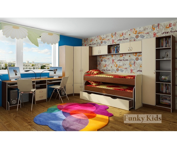 Комната для двух детей - модули СВ (стол 13/51 + пенал 13/10 + шкаф 13/15 + мост 13/50 + кровать Фанки-8 + стеллаж 13/4)