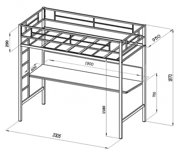 Схема кровати Фанки Лофт 2 с размерами основных узлов