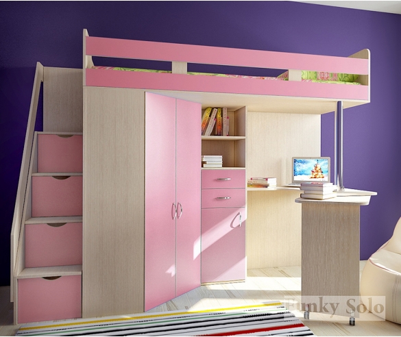 Детская кровать-чердак Фанки Соло 1 Дуб кремона/Розовый