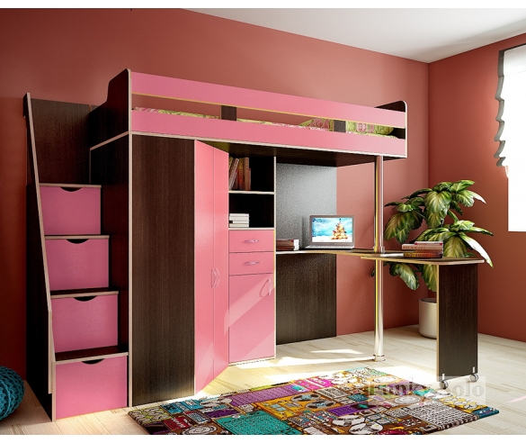 Кровать-чердак для детей Фанки Соло 1 , венге / розовый 