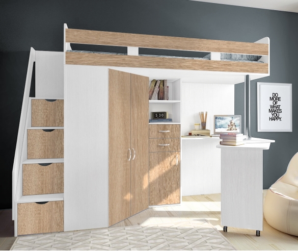 кровать чердак Фанки Соло 1 белый / бордолино