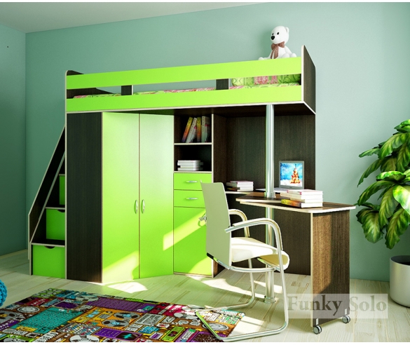 кровать чердак с рабочей зоной Фанки Соло 1 венге / лайм