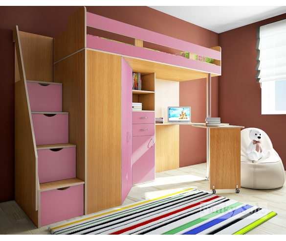 Детская кровать-чердак Фанки Соло 1. Цвет: Бук/Розовый 