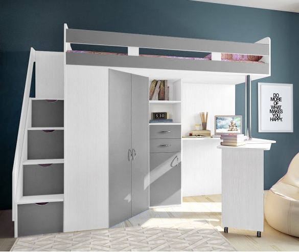 детская кровать чердак Фанки Соло 1 белый / серый