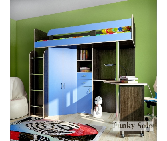 Детская мебель  - кровать чердак Фанки Соло 2 венге / голубой