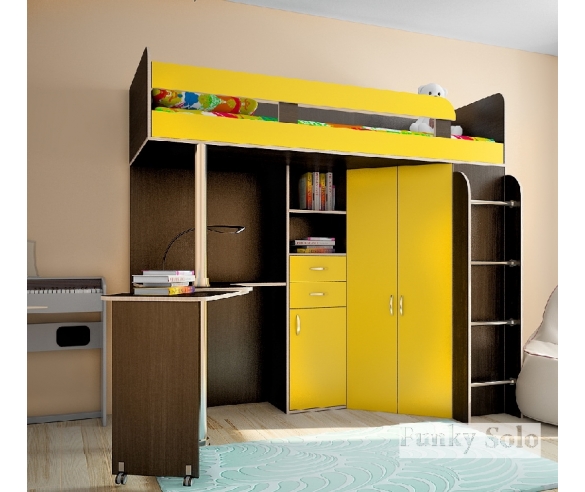 Детская мебель  - кровать чердак Фанки Соло 2 венге / желтый